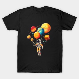 Astronaut Floating with Planets as Balloons Colourfu T-Shirt